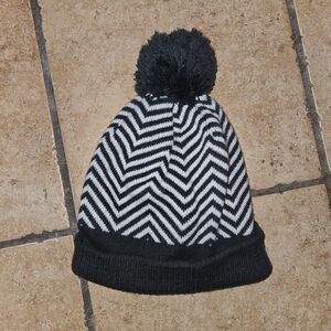 Grey and White- Chevron- Knit- Beanie- with Pom Pom- One Size